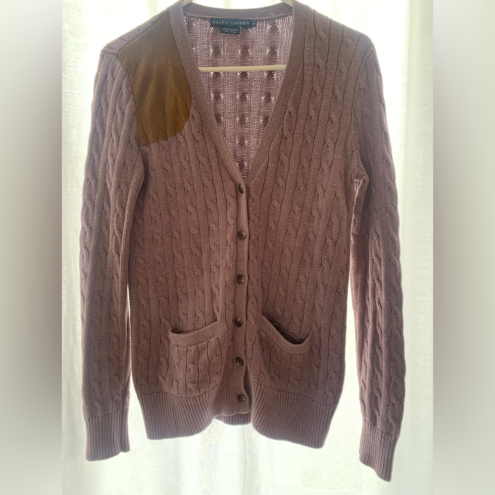 Ralph Lauren Womens Purple Cable knit shoulder Patch Cardigan Sweater